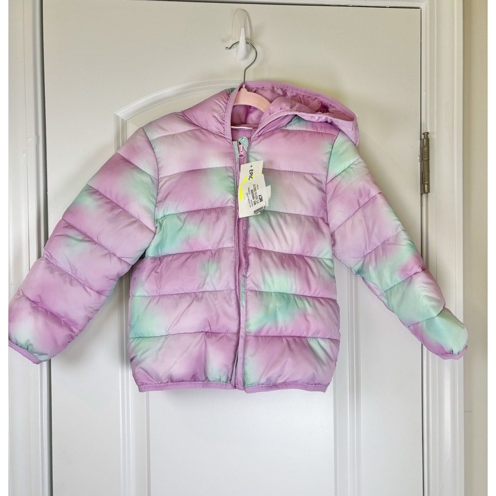Epic Threads Girls 3T Pink Green Tie Dye Puffer Jacket Hooded Coat NWT